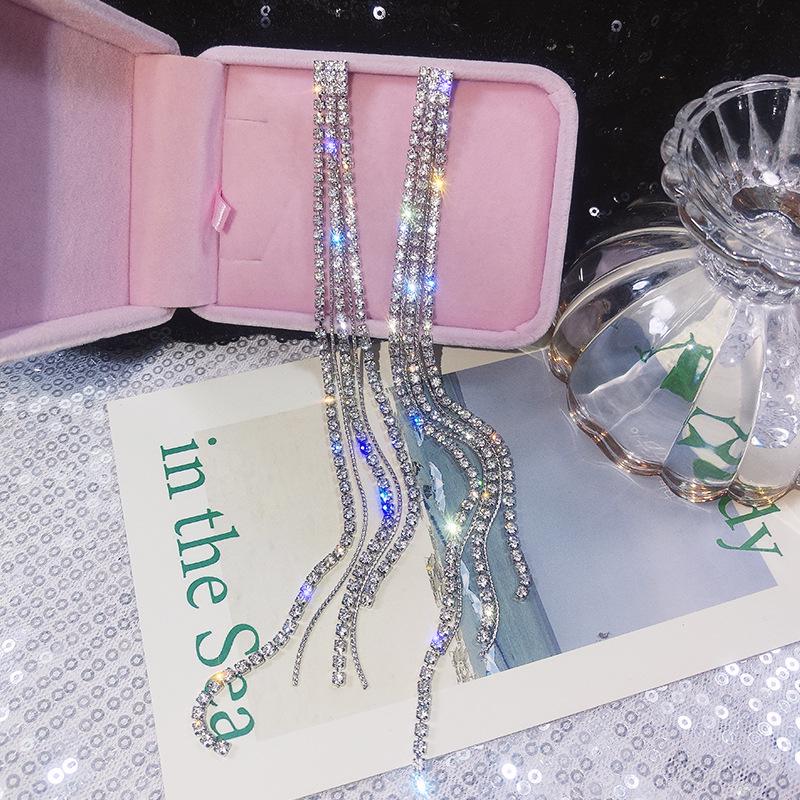 925 Silver Rhinestone Tassel Line Earrings - Trendy Dangle Earrings for Women