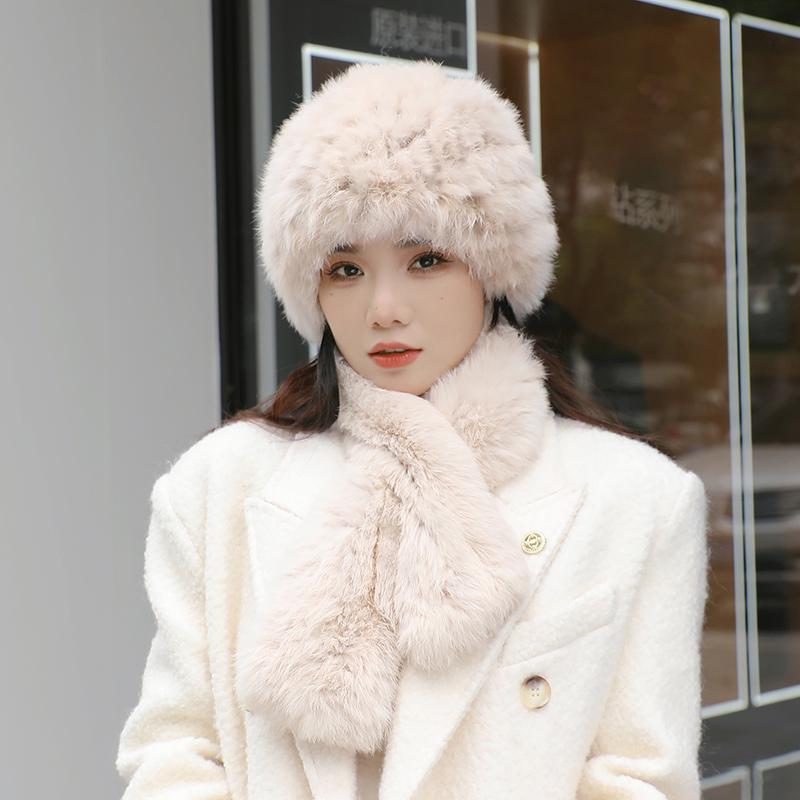 2024 New Winter Hat Women's Rabbit Hair Warm Ear Protection Pineapple Hat Dome Fashion Versatile Mom Hat Set
