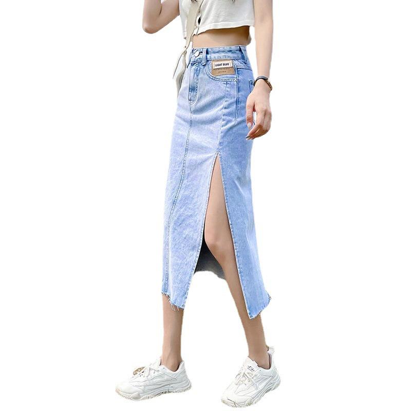 Women's High Waist Side Slit Denim Midi Skirt - Summer 2024 Slimming A-Line Bodycon Street Style
