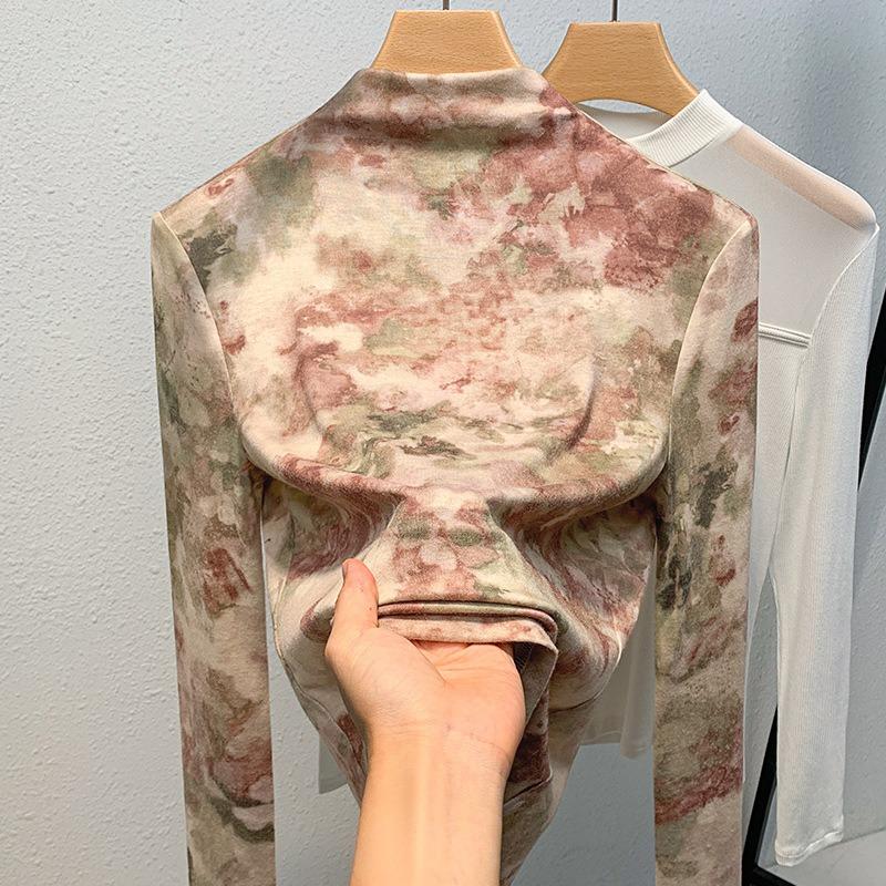 

Semi-turtleneck bottoming shirt women s printed long-sleeved t-shirt with waist and inner temperament top 3XL