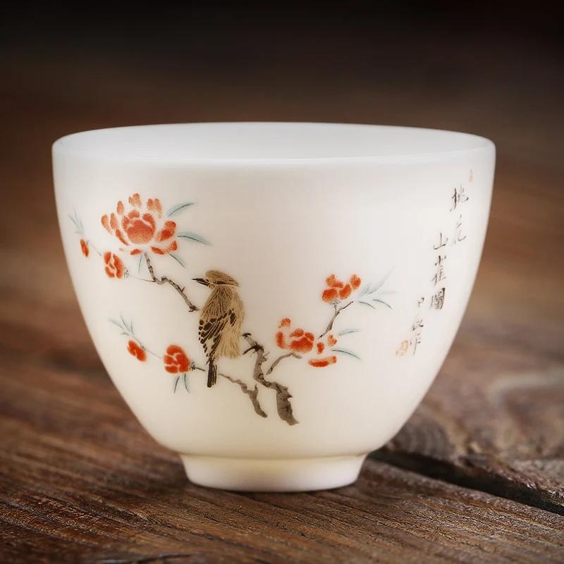 Boutique Suet Jade Ceramic Teacup Personal Meditation Cup Hand Painted Flowers Tea Bowl Pu'er Master Cup Tea Set Accessories