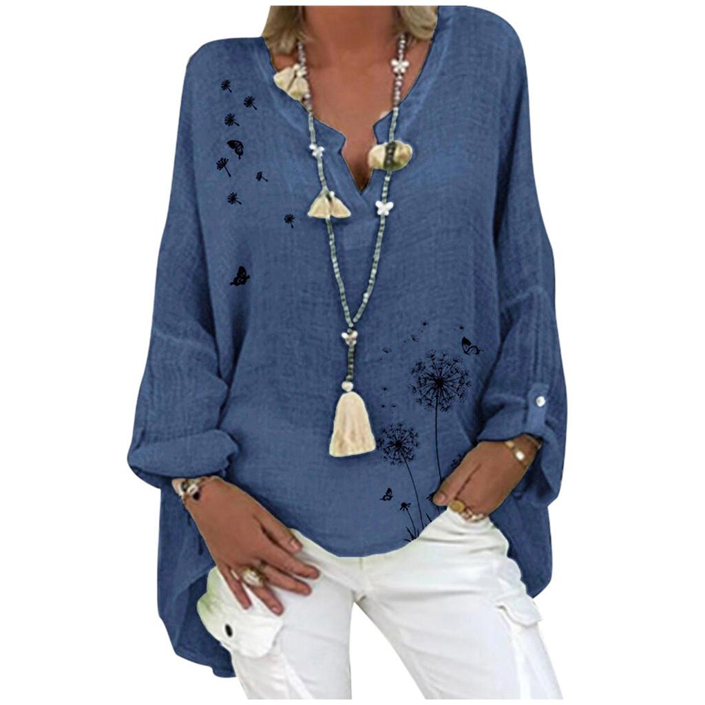 Plus Size Women Casual Long Sleeve Floral Print Loose V-neck Shirt Blouse Top