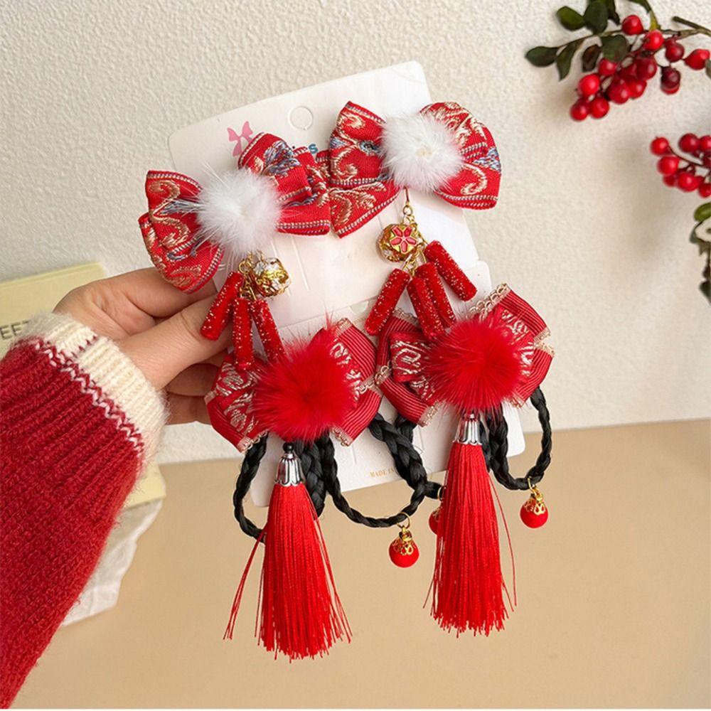 2 szt. Frędzel z kwiatem Dziecięca spinka do włosów z kokardą Chiński styl Peruka Warkocz Spinka do włosów Hanfu Klips boczny Dziewczynki