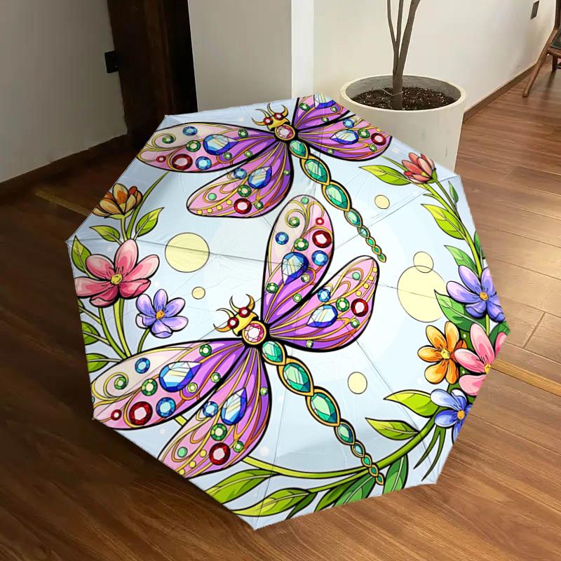 

Colorful Dragonfly & Flower Automatic Opening Rain Umbrella - Portable Folding Design with 8-Rib Iron Frame, Perfect for Outdoor Use, Festiv