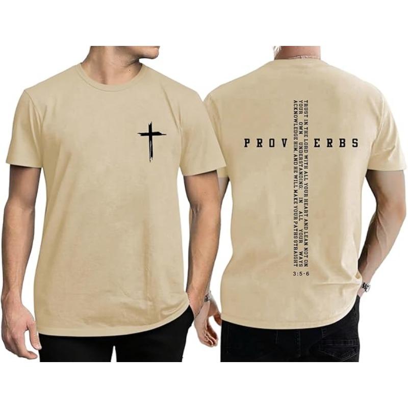 Christian Men's Faith Cross Print T-Shirt with Bible Scripture Inspirational Design Round Neck Short Sleeve Top