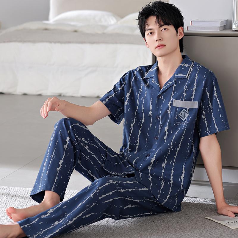 Pajamas Men's Summer Cotton Short Sleeve Trousers Men's Thin Summer Large Size Half Sleeve Men's Summer Loungewear Set