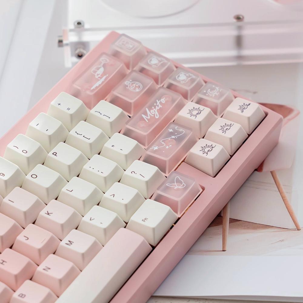 Keyboard Keycap White Peach Mojito Pbt Pc Dye-Sublimated 1.7Mm Cherry Mx Custom Pink White Cute Alice Layout Keycaps 190 Keys.