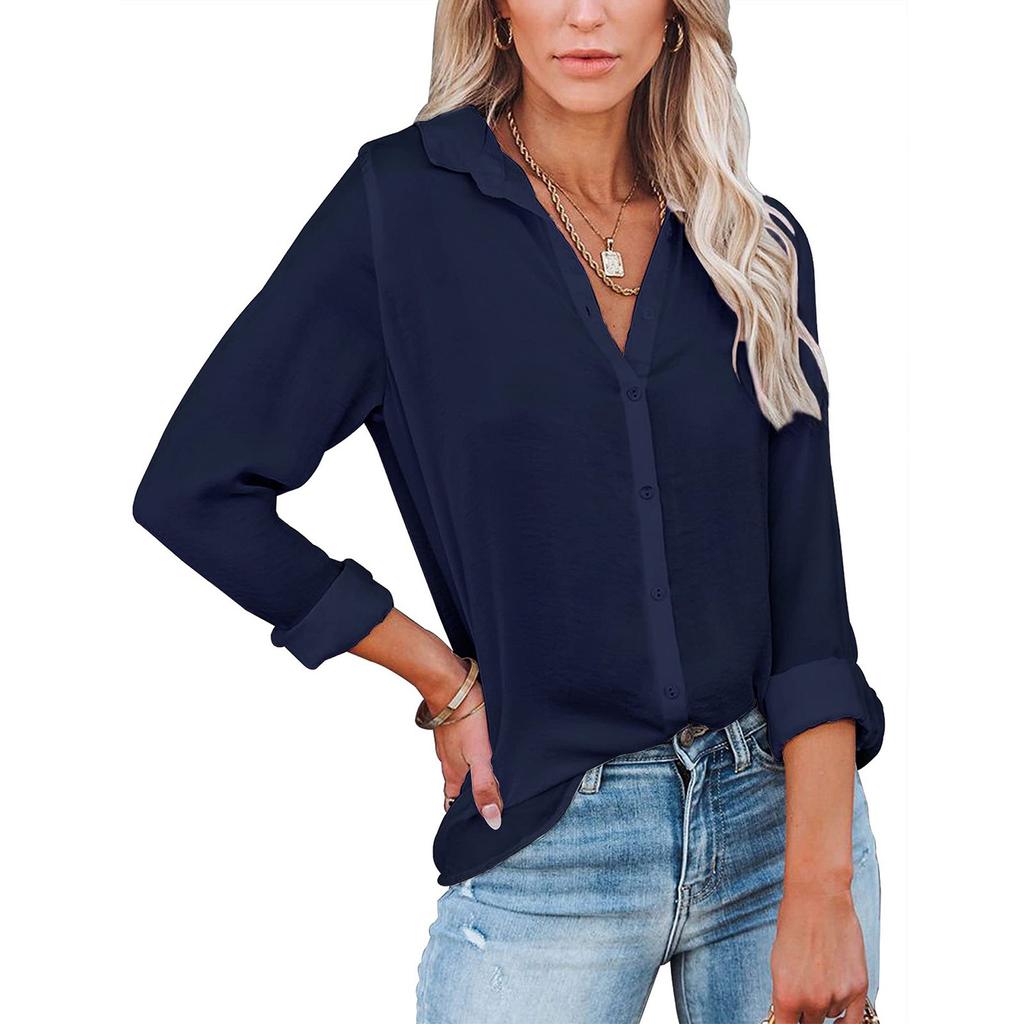 Women's Fashion Casual Buckle Long Sleeve Sleeve Slit Shirt Tops Solid Color