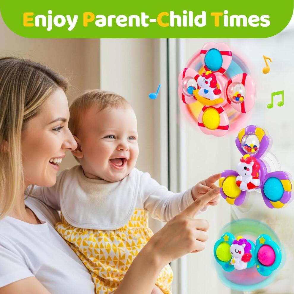 Spinners for Babies Suction Cup Spinner Toy Rotating Crystal Bell Unicorn Bath Toy Silicone Bubbles 1 Years