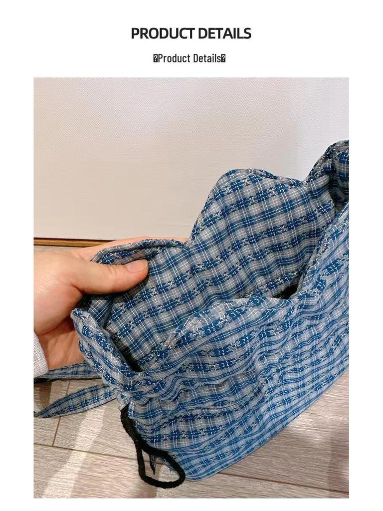 Blaue Dreifarbige Patchwork-Karos Jacquard Kordelzug Schultertasche - Vielseitige Sommer-Crossbody-Tasche