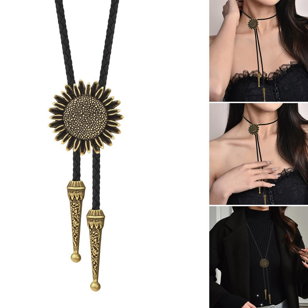 Metal Sunflower Bolo Tie Western Cowboy Necktie with PU Leather Cord for Men and Women Sweater Adjustable Collar Chain