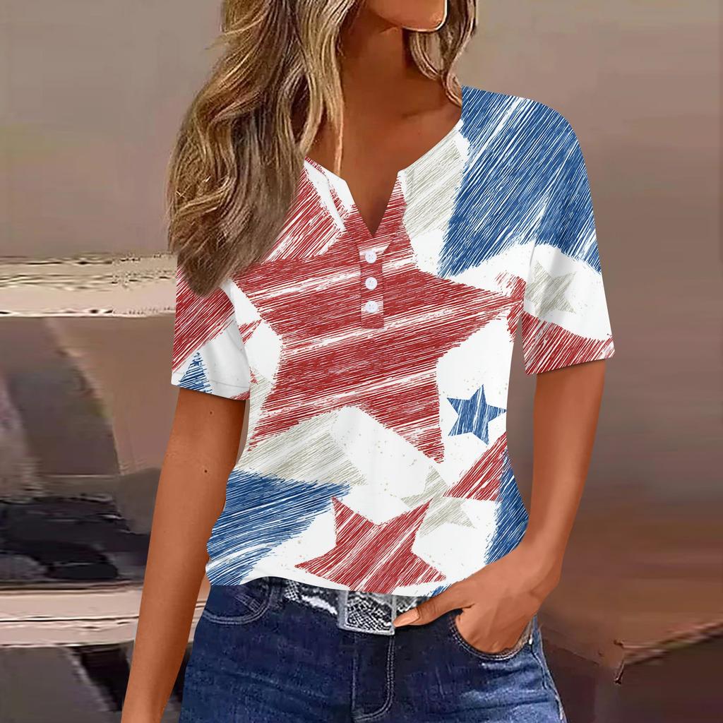 Women's T Shirt Independence Day Print Button Short Sleeve Daily Weekend Fashion Basic V- Neck Regular Top