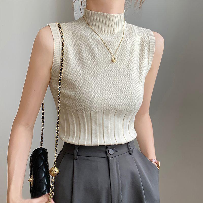 

Водолазка Майка-топ для женщин Весна - Лето Облегающий Наружная одежда Без рукавов Со средней горловиной Вязаный базовый топ L абрикосовый