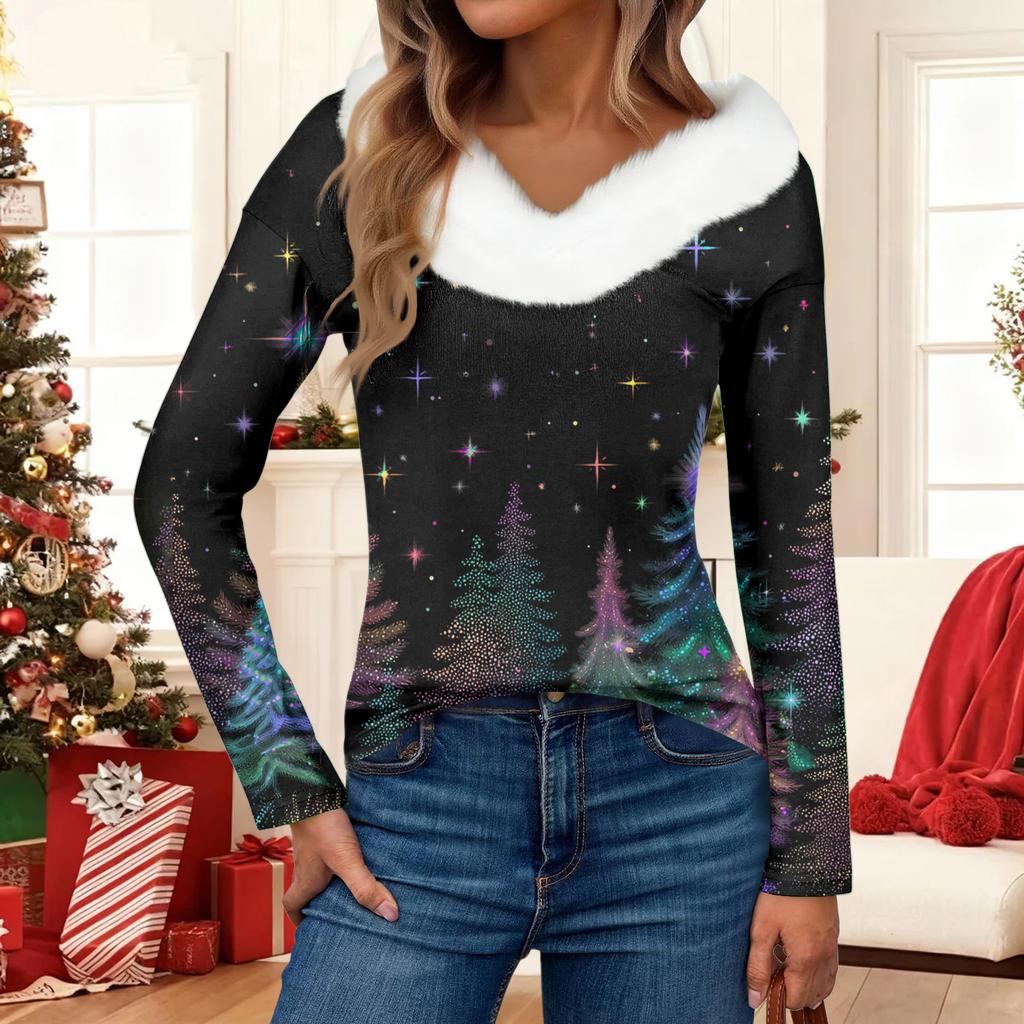 Women's Fashion Casual Long Sleeve Christmas Printed Plush Collar V-Neck Top