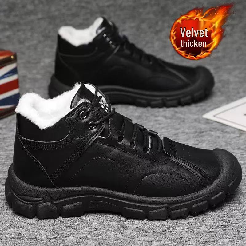 

Чоловічі великі бавовняні черевики для хайкінгу на флісовій підкладці, з м якою підошвою, нековзні, повсякденні, для вулиці, снігові черевики (2025) 40 чорний