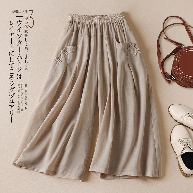 Skutečná fotografie léto nové literární volné jednobarevné bavlněné a lněné elastický pas široké nohavice devítibodové kalhoty ženy