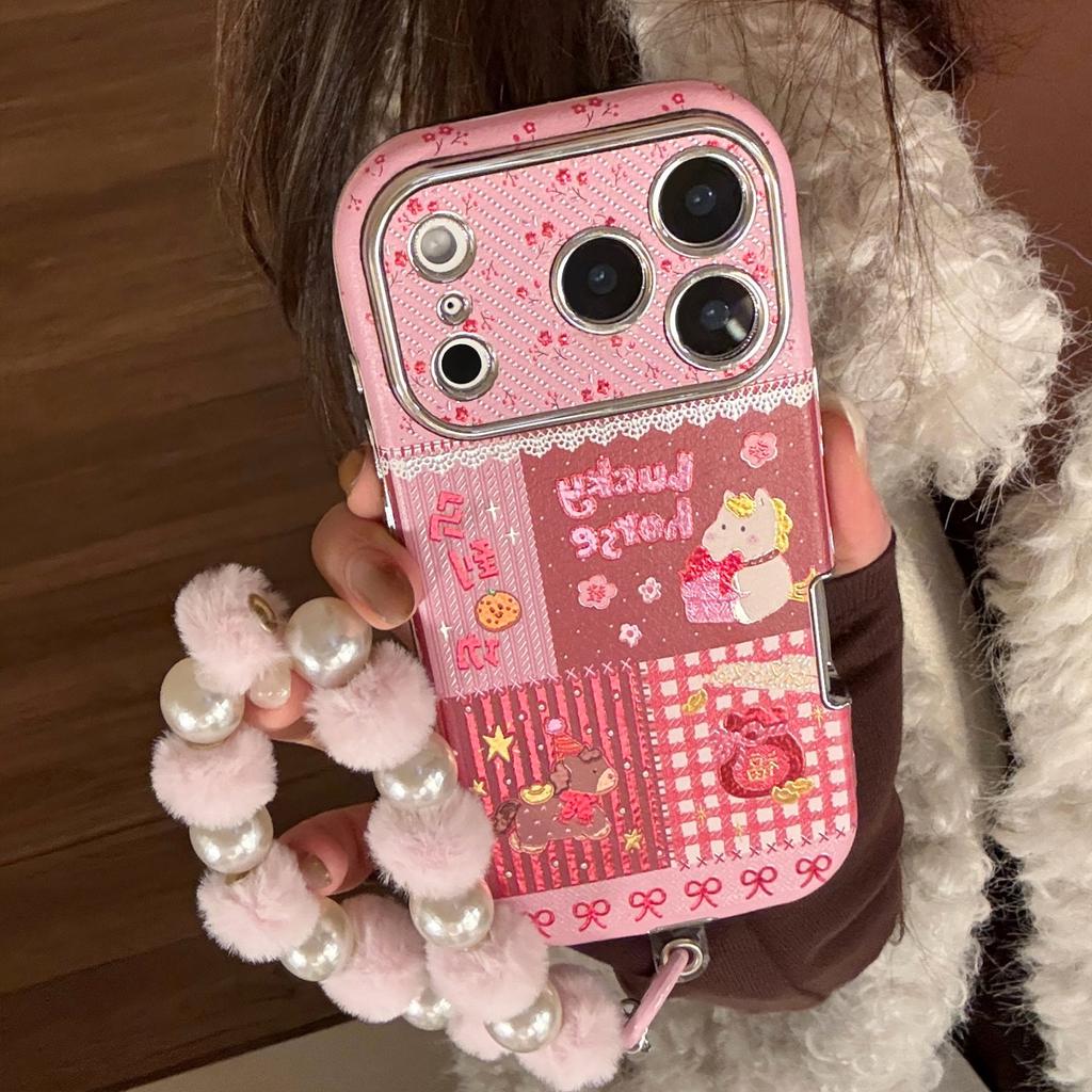Korean Cartoon Horse Splicing Leather Texture Phone Case For iPhone 17 16 15 14 13 12 11 Pro Max With Bracelet Shockproof Cover