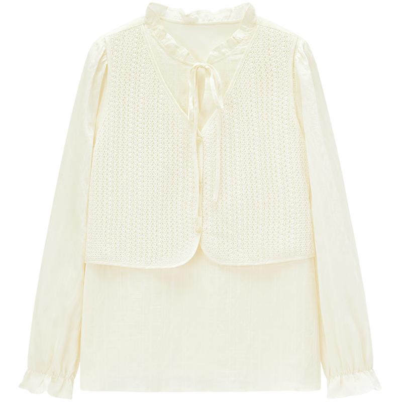 Aijutu Women s French Style Faux Two-Piece Ruffle Chiffon Blouse L