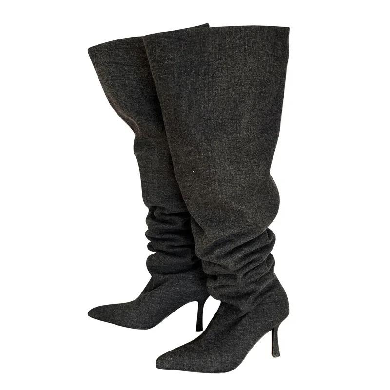 Oversized High-heeled Boots European and American Babes with Pointed Toe Stiletto Heels Over The Knee Wide Boots Heap Pile Boots