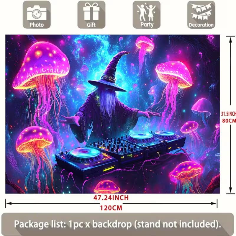 Neon DJ Wizard & Jellyfish Tapestry, Psychedelic Space Wall Art for Bedroom & Music Events