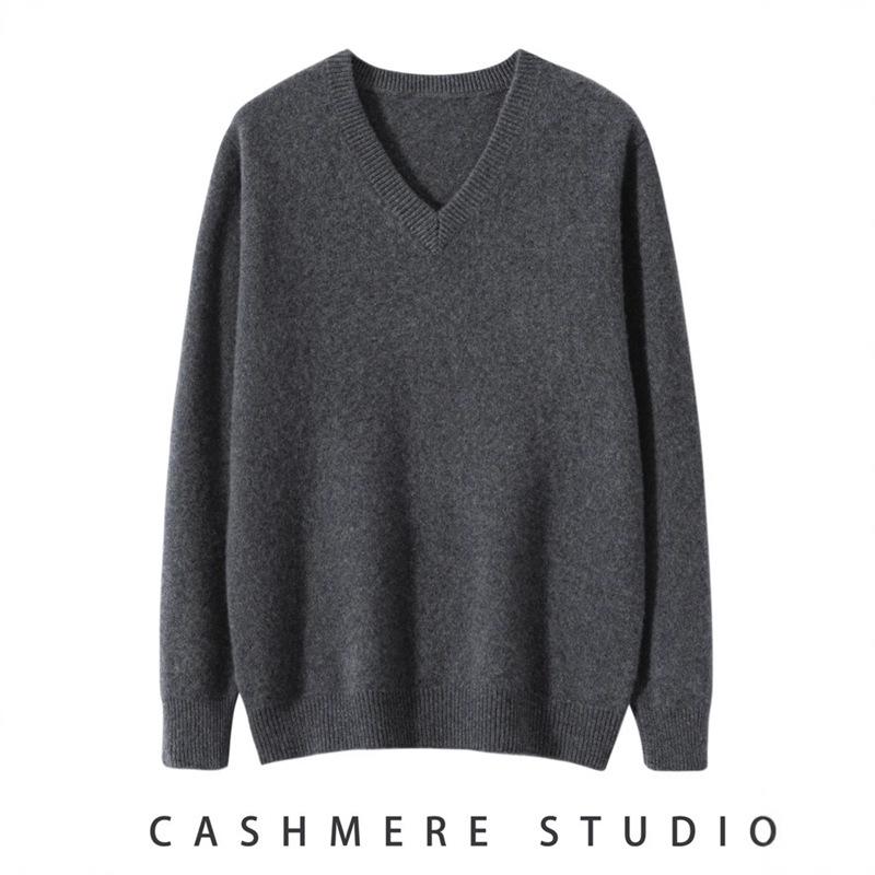 Men's Seven-Needle Cashmere V-Neck Sweater, Double-Strand Thickened, Soft Knit Base Layer for Autumn/Winter.