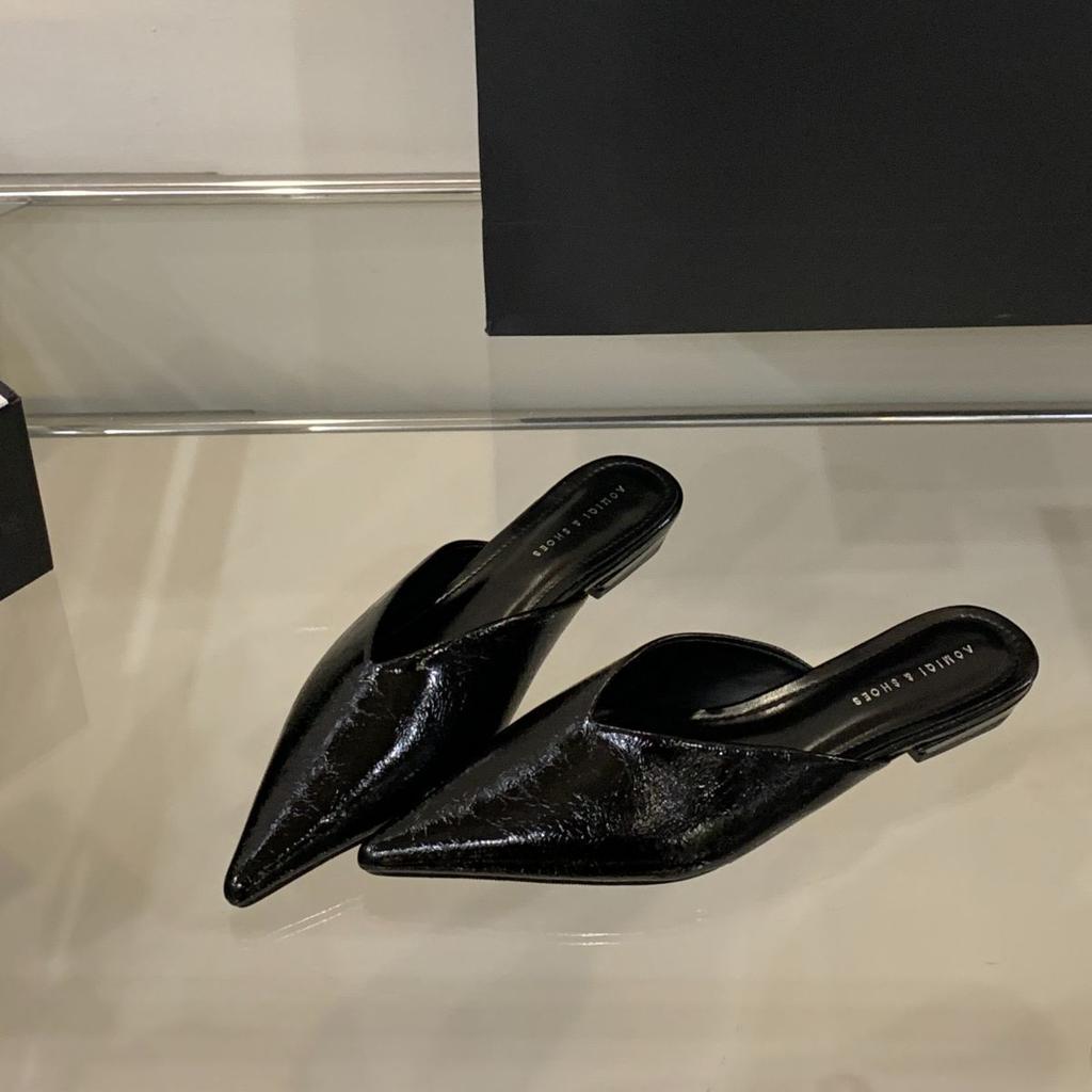 2025 New Summer Wear Flat Bottom Pointed Mueller Half Slippers Women's Shallow Mouth with Skirt Slippers Women's Bag Head Slippers