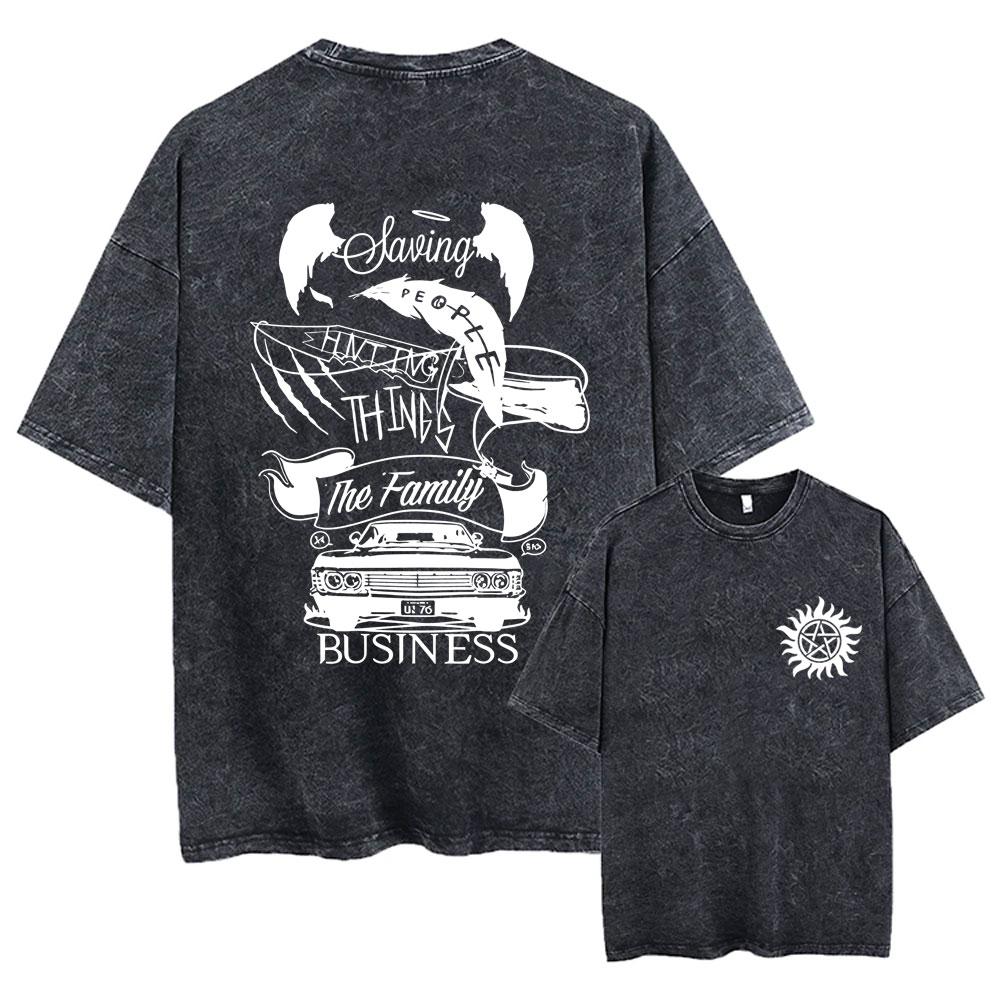 Hot Sale Supernatural Vintage Washed T-shirt Men Women Casual Retro Cotton T Shirts Unisex Casual Oversized T-shirts Streetwear
