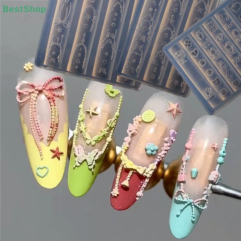 Multi-layer French Chain Beaded Silicone Nail Art Mold 3D Chain And Bowknot Nail Decor Clear Manicure Template