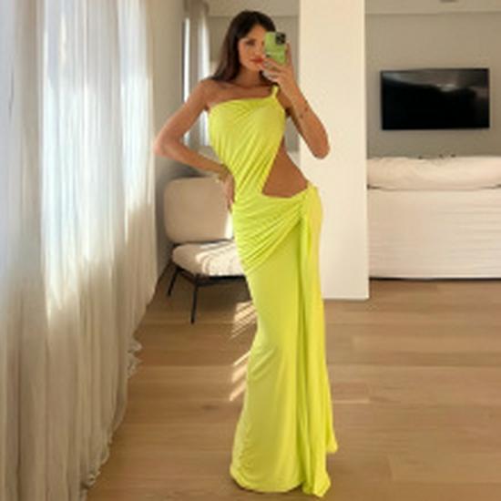 2025 Summer Sexy V-neck Flare Sleeve Ruffle Slit Dress for Women