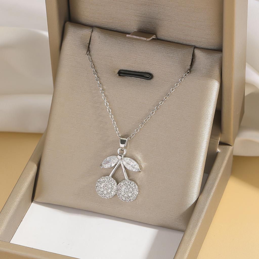 Shiny Cute Zircon Cherry Pendant Necklaces for Women Girls Stainless Steel Chain Kpop Sweet Collar Jewelry Accessories Gifts