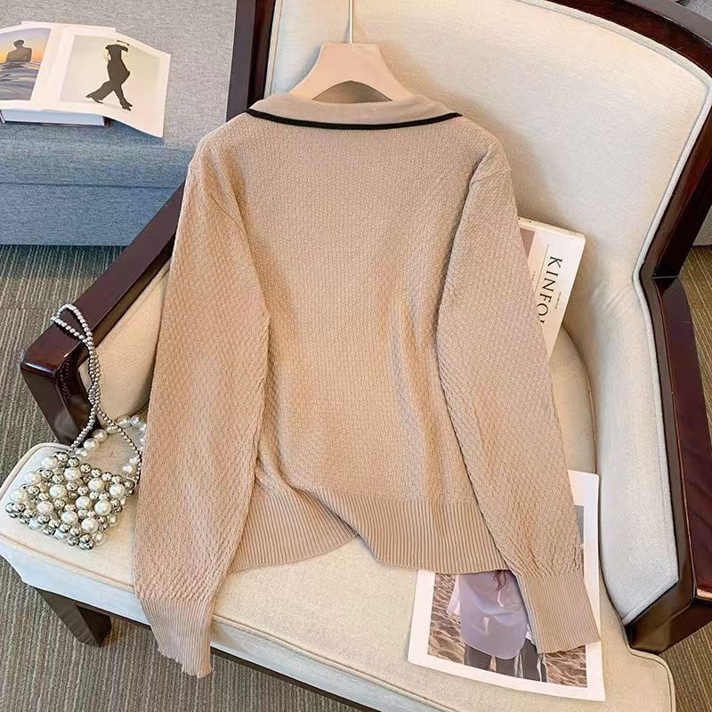 Women's Knitted Sweater Spring/Autumn/Winter Loose Flip Collar Western Style Knitted Sweater Top Mom