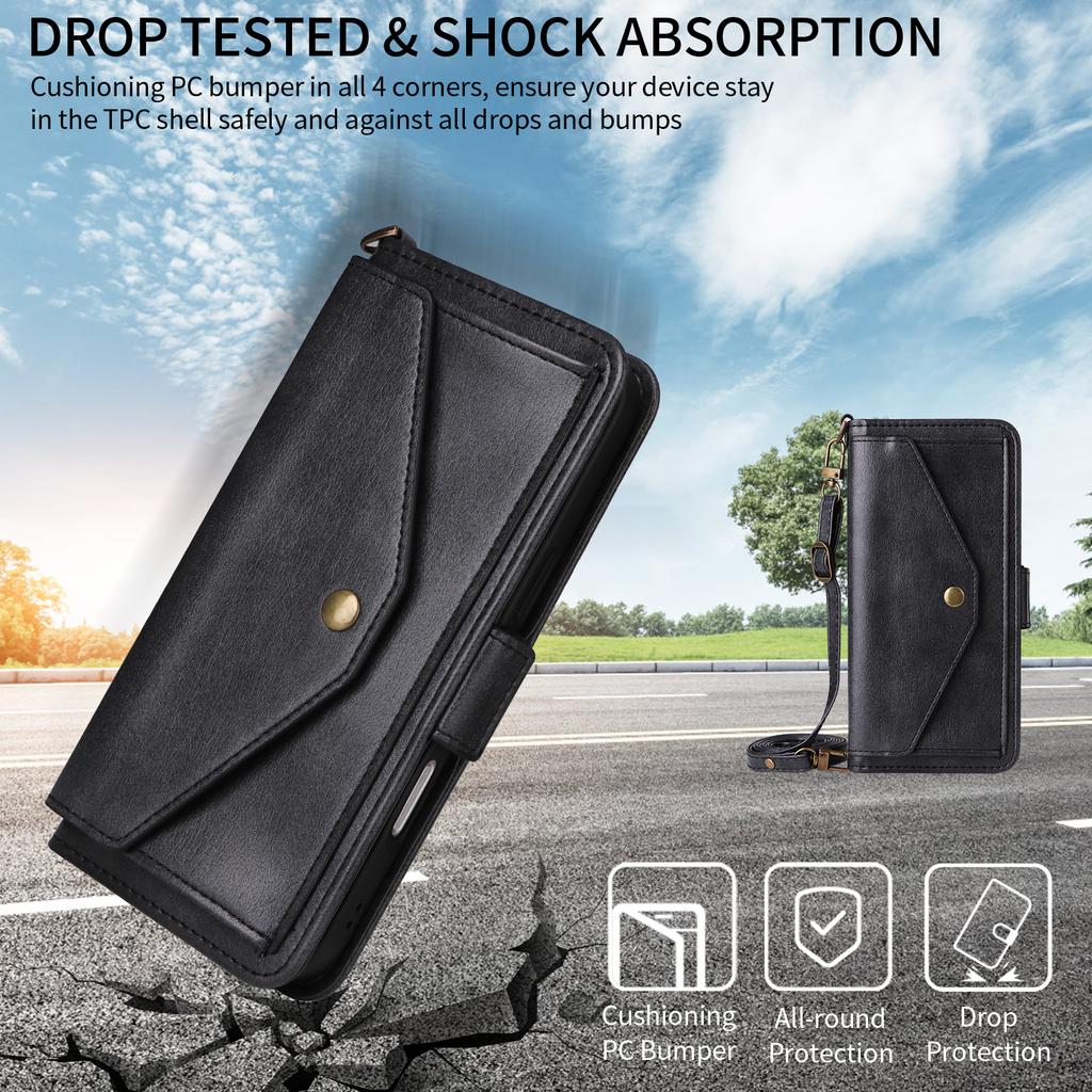 For iPhone 16 Plus Leather Case Magnetic Closure Wallet Stand Phone Cover with Crossbody Strap