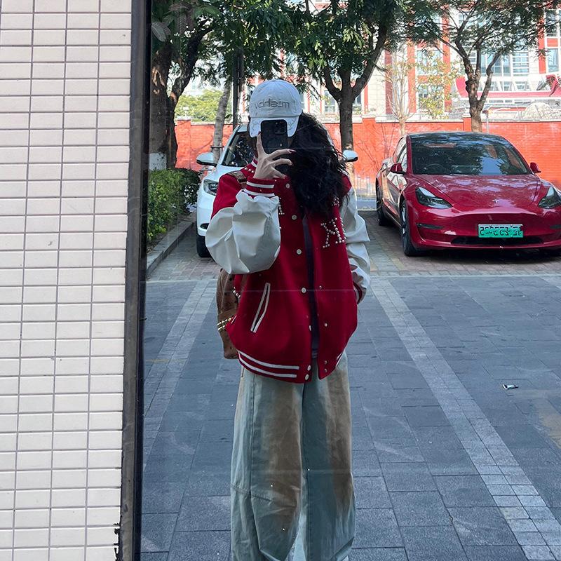 Women's Niche Trend Loose Red Baseball Jacket - Spring 2025 Design