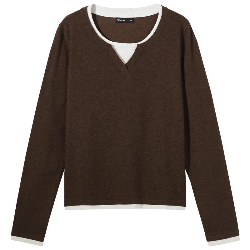 Hotwind Women's Faux Two-Piece Round Neck Knit Sweater