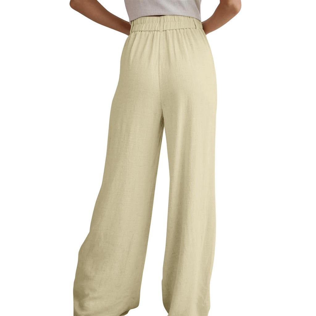 Women's Linen Pants Casual Loose Wide Leg Pants Women's Elastic Waist Wide Leg Pants With Pockets Trousers