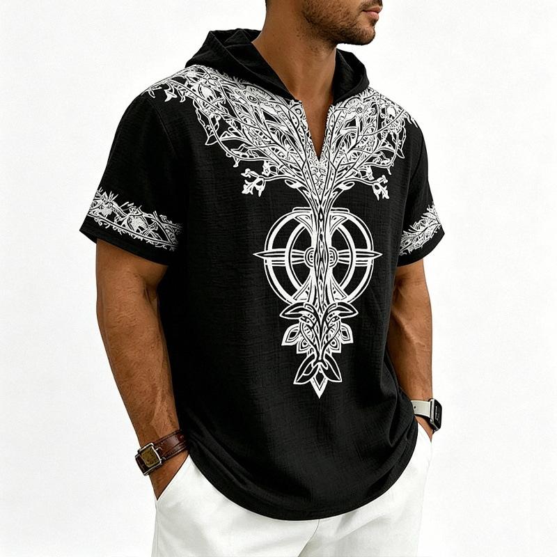 Men Loose Hooded Faith Rune Print Short Sleeve Casual T Shirt