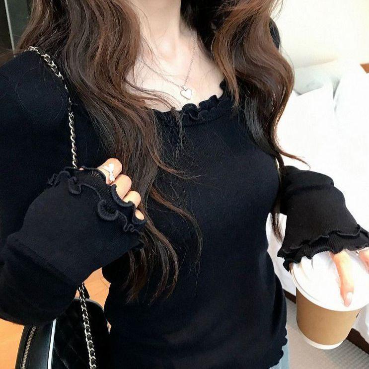 Korean Sweet Temperament Plush Women's Ruffle Round Neck Long Sleeve Top for Autumn/Winter