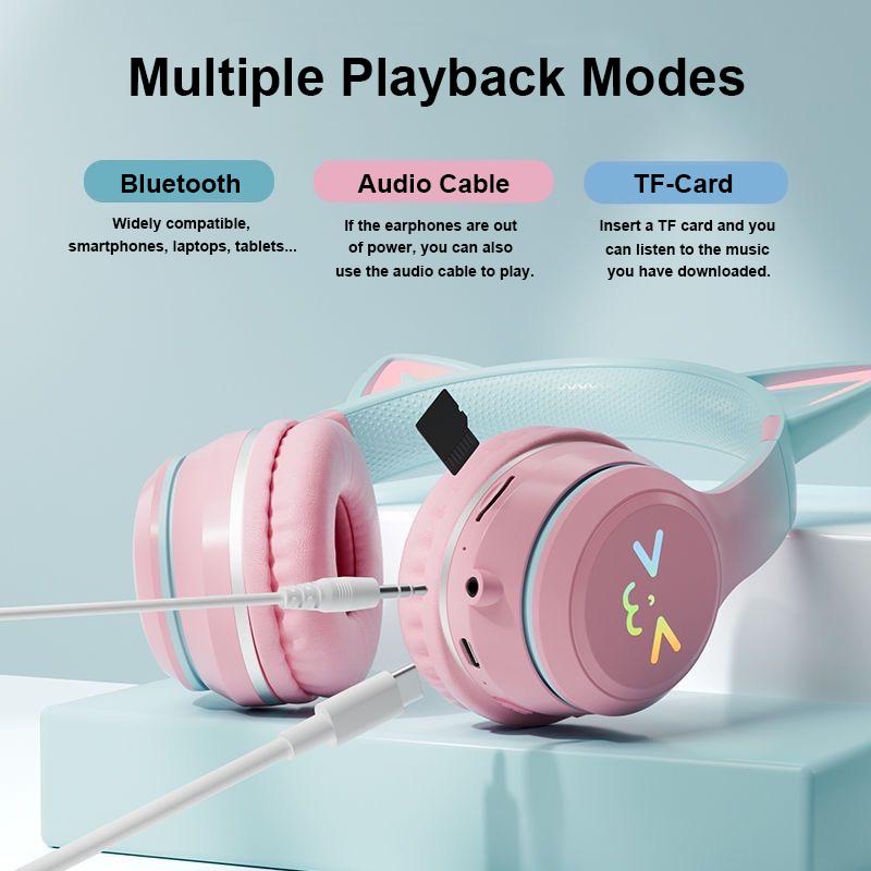 LED Flash Light Bluetooth Headphones Cute Cat Ears Wireless Earphone with Mic Kids Girls Stereo Cool RGB Headsets Bluetooth 5.1