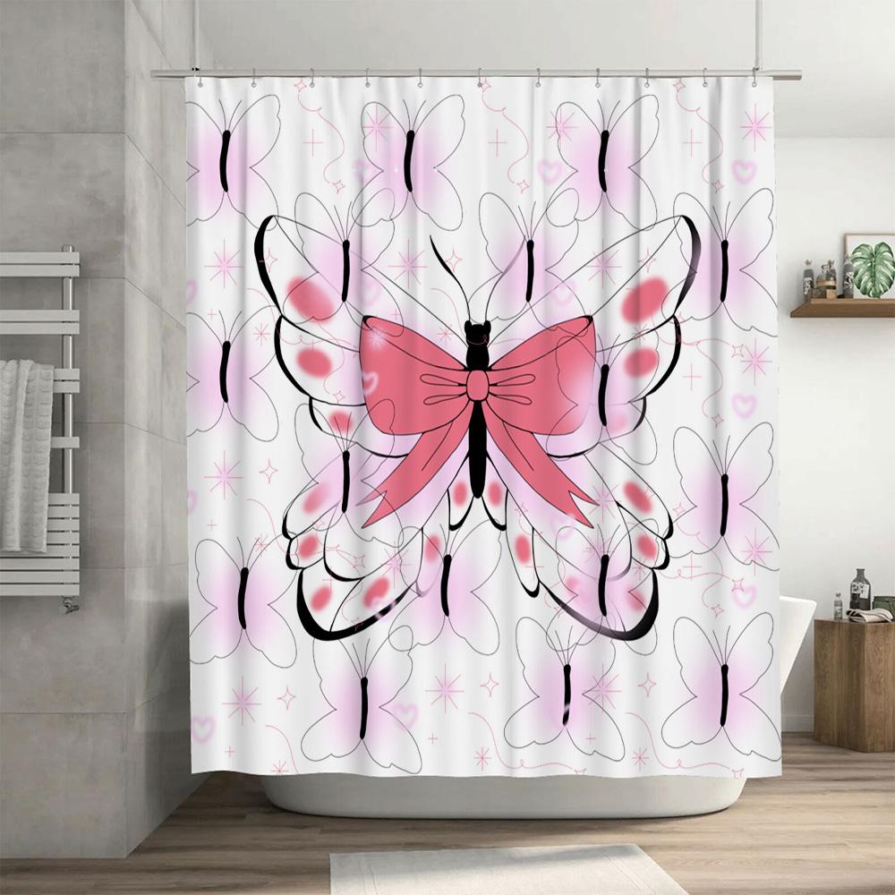 Pink Butterfly Shower Curtain with Black Outline Pattern for Bathroom Decor Waterproof Fabric, Flower Design Home Bath Accessori