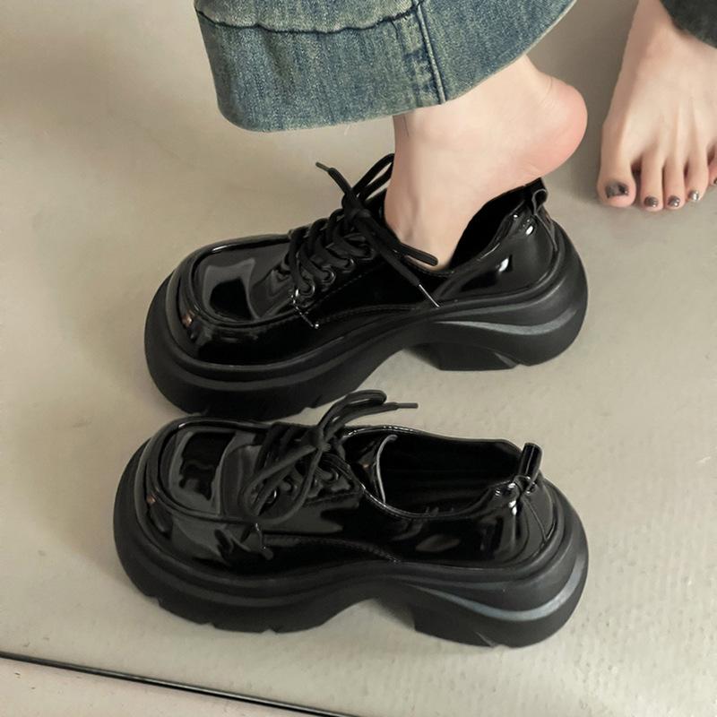 British Casual Small Leather Shoes 2025 Autumn New Heightened Platform Wedge Heel Small Lace-up Loafers Single Shoes