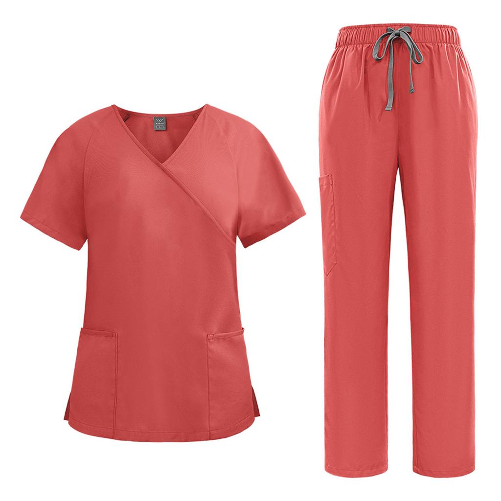 Women's Loose And Comfortable V-neck Short Sleeved Workwear With Tie Up Top And Waist Cinching Beauty Suit Set