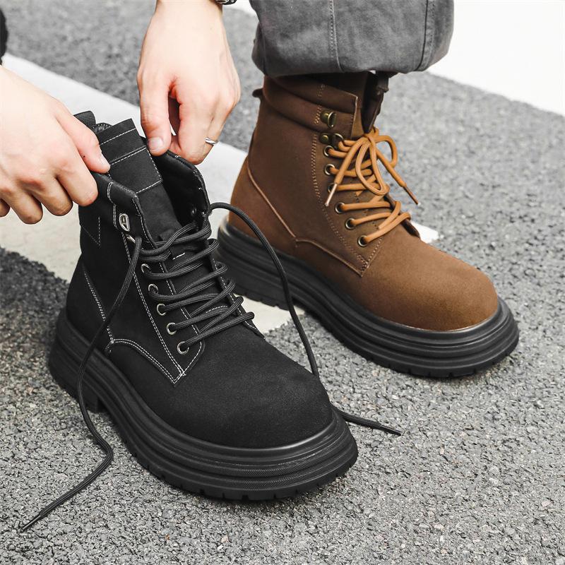 Fashion Mens Casual Outdoors Desert Boots Black Brown Cow Suede Leather Shoes Cowboy Platform Boot Handsome High Motorcycle Botas Hombre