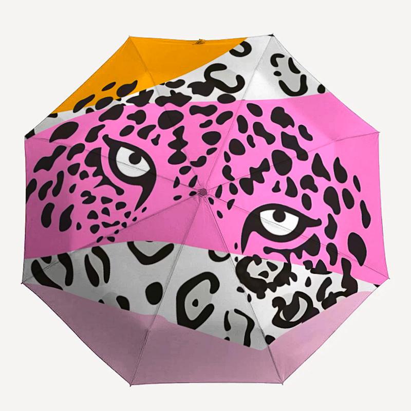 

1pc Pink Leopard Eyes Automatic Folding Umbrella Portable Collapsible 8-Rib Umbrella for All Seasons, Casual Outdoor Accessory, Perfect Gif