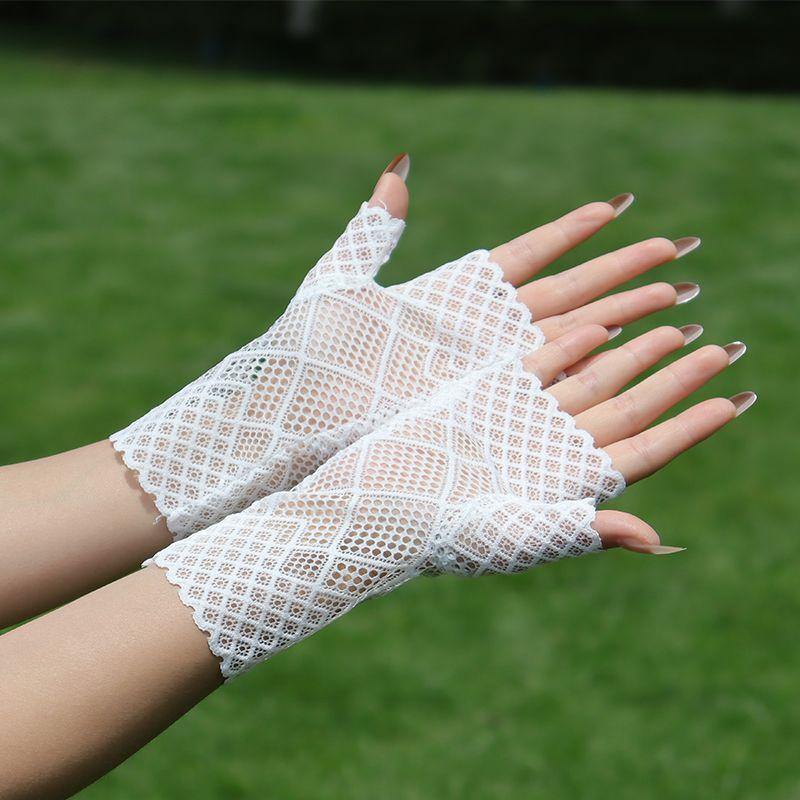 

Half Lace Sun Protection Gloves Women Summer Sexy Dancing Open Finger Driving Thin Hollow Elegant Black Etiquette Spring and Autumn White One size