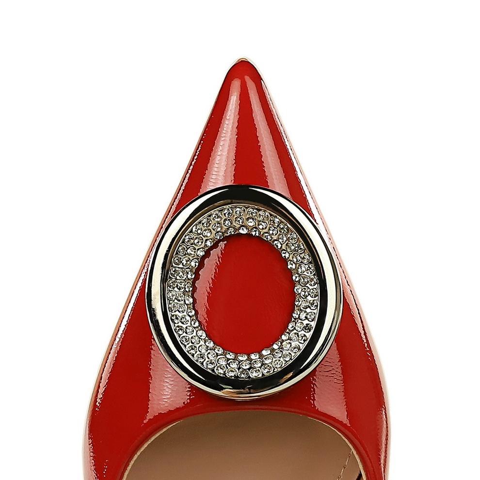 Mode Damen Schuhe Lackleder Flacher Ausschnitt Spitz Metall Strass Schnalle Einzelne Schuhe Damen High Heels