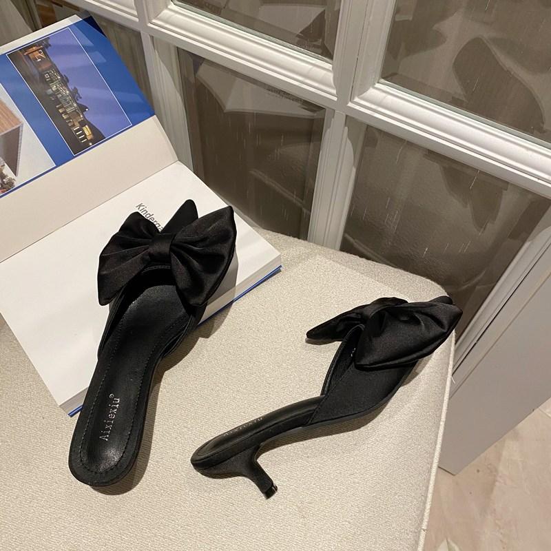 

Модные шелковые туфли-лодочки с бантом на низком каблуке-рюмочке, женские шлепанцы, мюли, пантуфли, обувь с острым носком, офисные туфли для платья, шлепанцы, женские праздничные слайды 35 чёрный