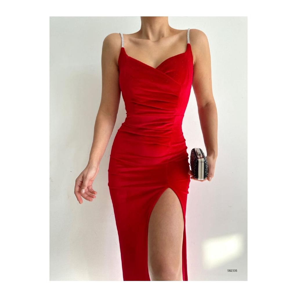 Women's Strappy Long Slit Evening Dress Velvet Dress Black