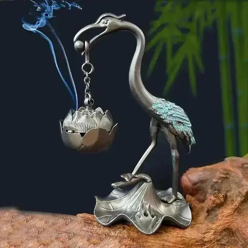 Crane Incense Burners Holder Stove Lotus Incense Burners Antique Alloy Lotus Hanging Stove Tea Ceremony Craft Household Decor