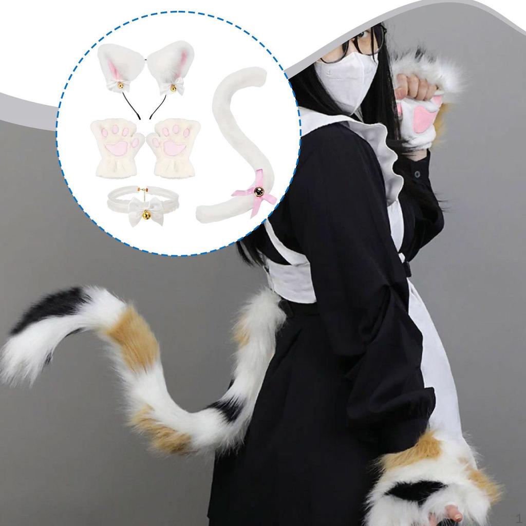 Cat Cosplay Headband and Tail Costume Set Adorable with Neckband,