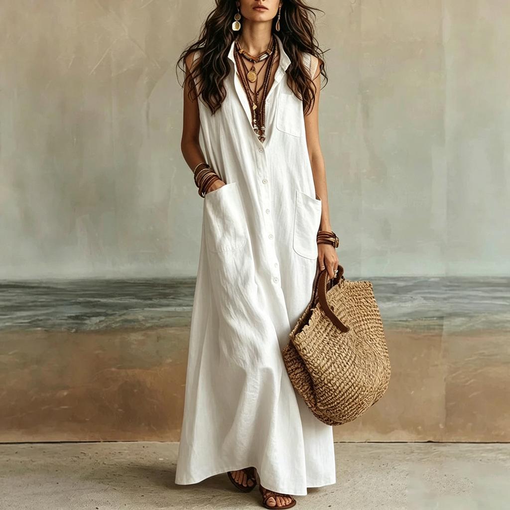 Women Sleeveless Bohemian Button Down Pocket Casual Long Shirt Dress Lightweight Loose Fit Summer Maxi Dress